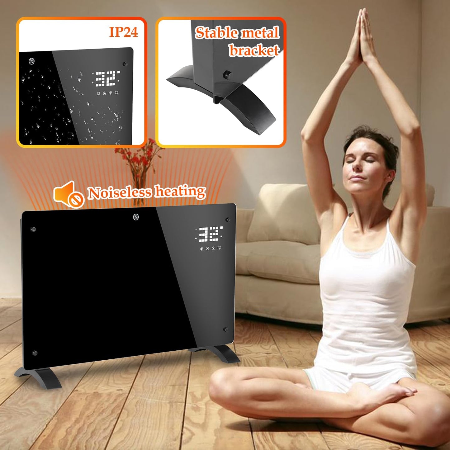 Jopassy Infrared Heater 2000W, Convector Heater with Thermostat & App Control Remote, Electric Radiator IP24, Wall Mounted, Portable Electric Heater Energy Saving.