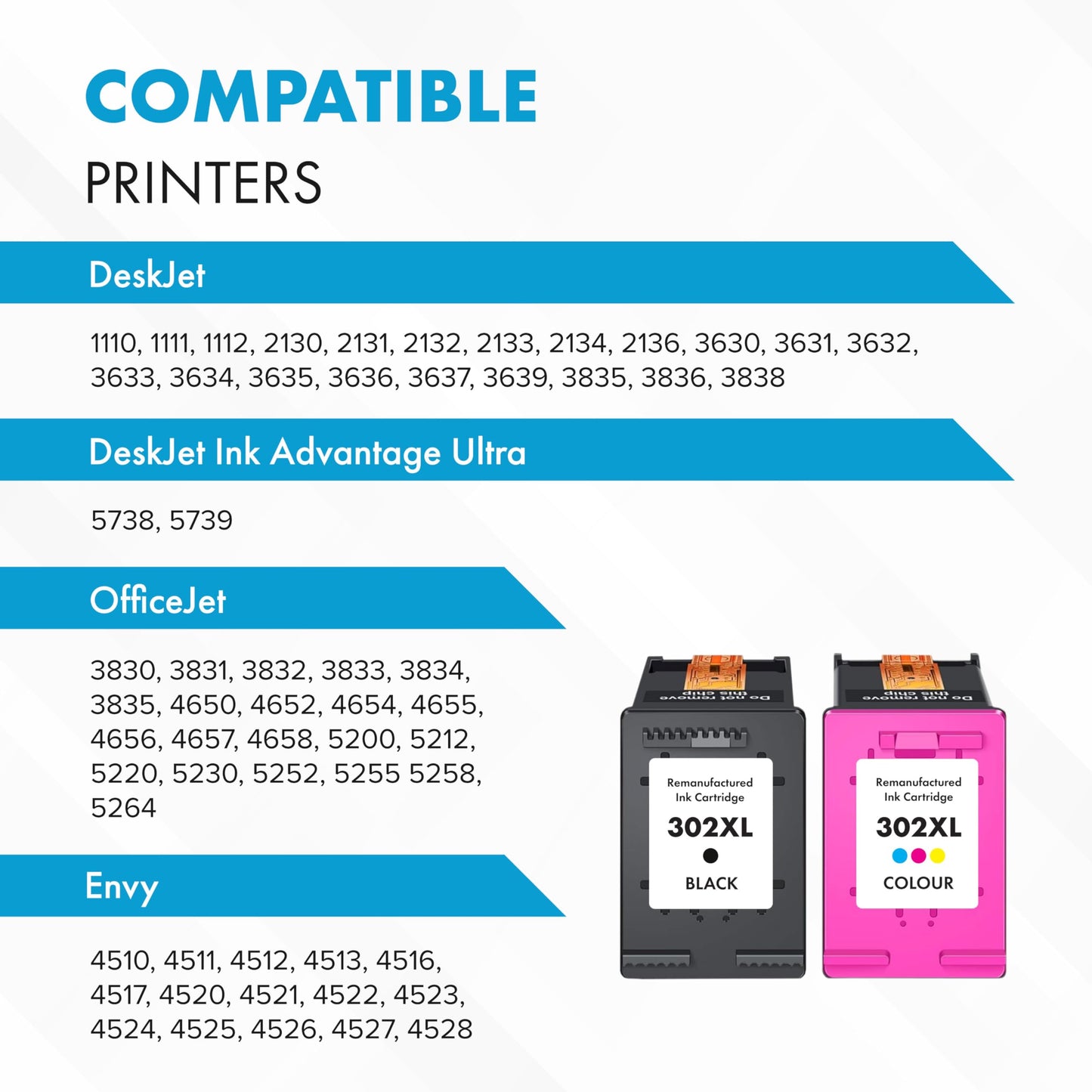 Matsuro 302XL Multipack printer cartridges replacement for HP 302 XL with chip. Compatible with HP Envy 4520 4524 4527 Deskjet 2130 3630 3636 Officejet 3830 3831 3835. Includes 1x black, 1x color.