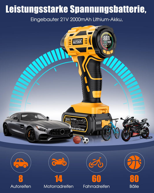 AUTDER 180 PSI Battery Air Compressor - Portable tire inflator with 21V rechargeable battery & 12V DC car adapter, digital air compressor for car, motorcycle, bicycle & sports balls - Yellow