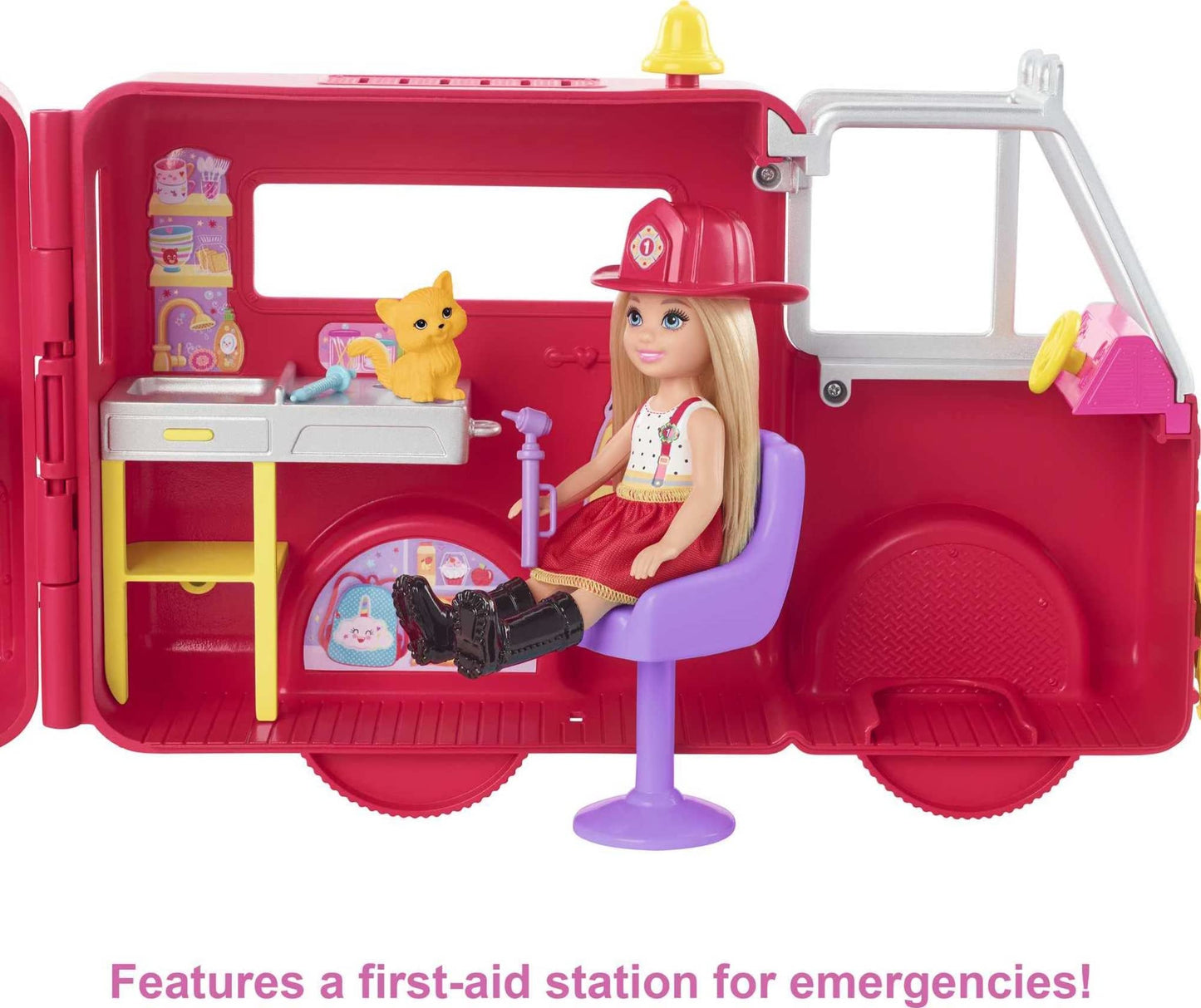 Barbie Chelsea Can Be Series, Chelsea doll with fire truck, firefighter outfit accessories, 12+ pieces including Dalmatian, gift for kids, toy for ages 3+, HCK73.