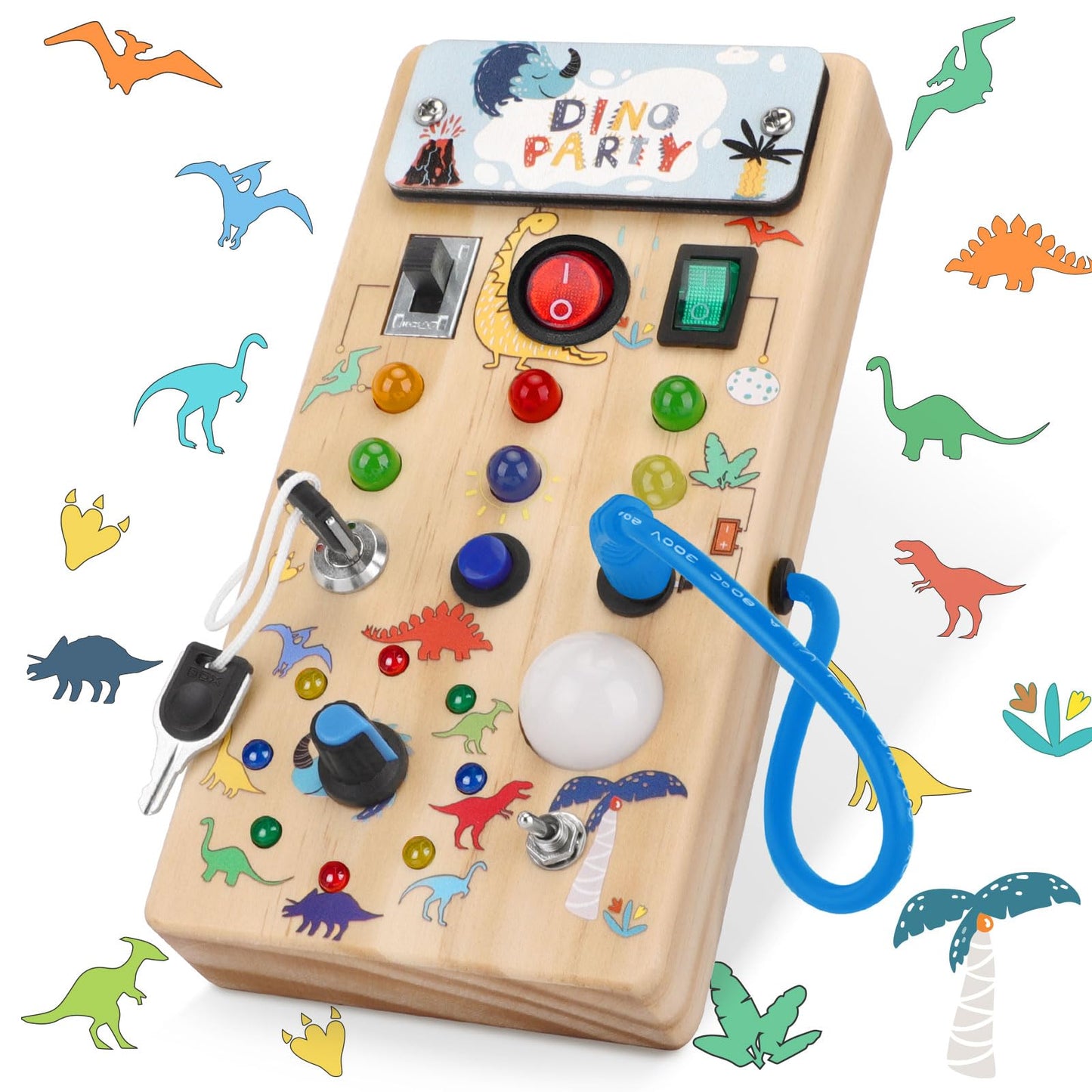 Hello Dinosaur Montessori Busy Board for 1 year old Montessori toy with 8 LED light switch toy Activity Board Wooden toy Motor skills toy Sensory learning toy for babies