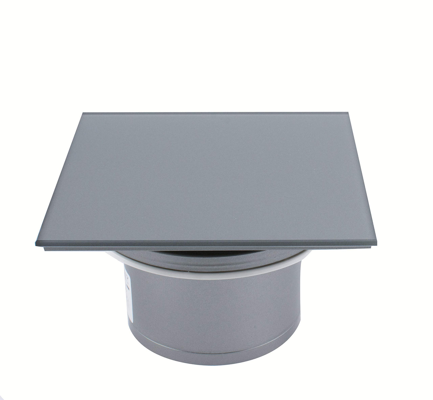 Bathroom fan with integrated backdraft damper, glass front, powerful 105 m³/h, very quiet 39 dB, ball bearings, made in EU. Available in white or silver (105 m³/h).