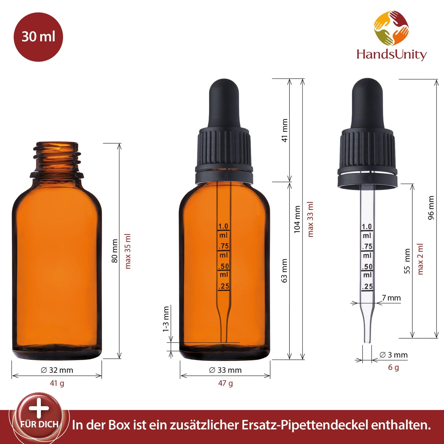 HandsUnity pipette bottle small glass bottle 30ml-12pcs - apothecary set made of amber glass with black pipette cap. Includes 29pcs of additional accessories. Amber glass bottles.