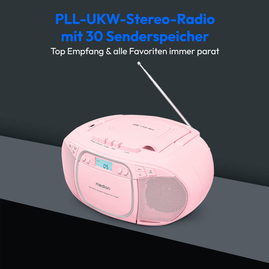 MEDION E66476 Stereo Sound System (Boombox, CD player, MP3, cassette, portable cassette player for kids, FM radio, AUX, headphones, mains & battery operation) Pink