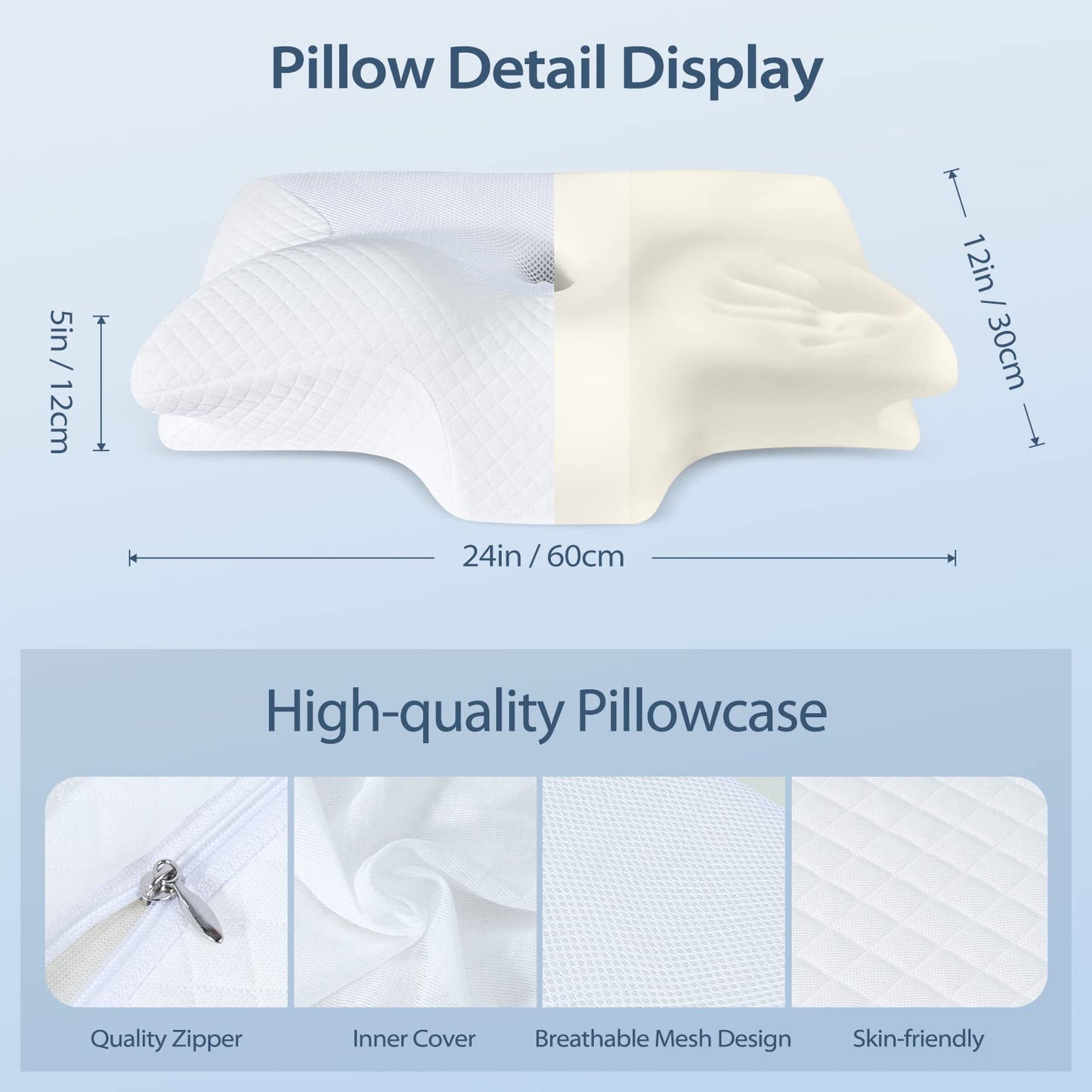 HOMCA Orthopedic Pillow Memory Foam Neck Support Pillow for Cervical Spine Ergonomic Head Pillow for Back, Side, and Stomach Sleepers, 60*35*8/12cm