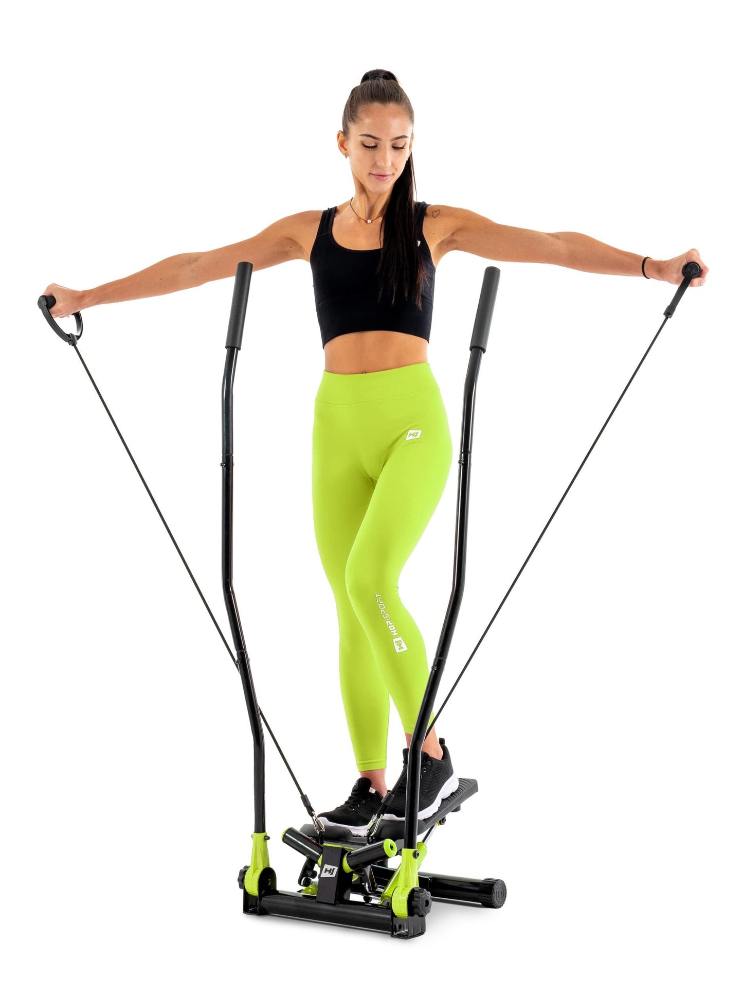Hop-Sport Stepper Lime Green with handles - Nordic Walking and Swing Stepper for home, Adjustable stepping surfaces, Detachable expanders, Cardio fitness device for home.