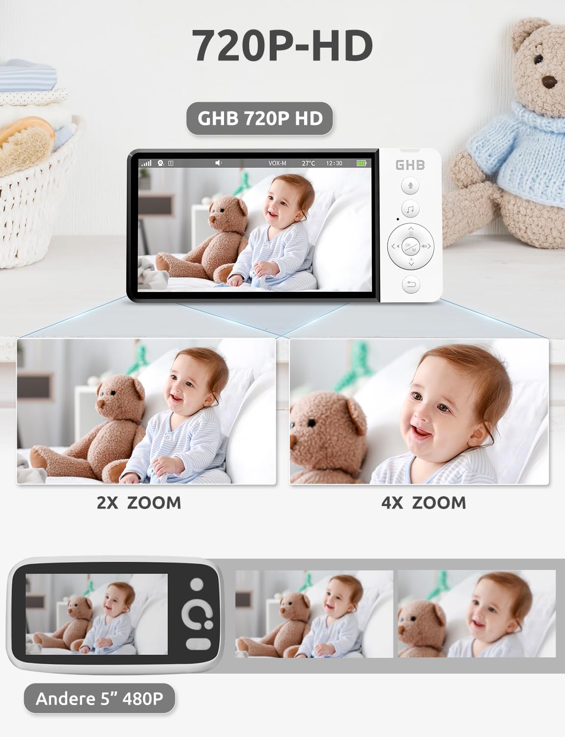 GHB baby monitor with camera 5 inch 720P HD 5000mAh IPS display VOX mode digital zoom night vision two-way talk temperature display ABM700