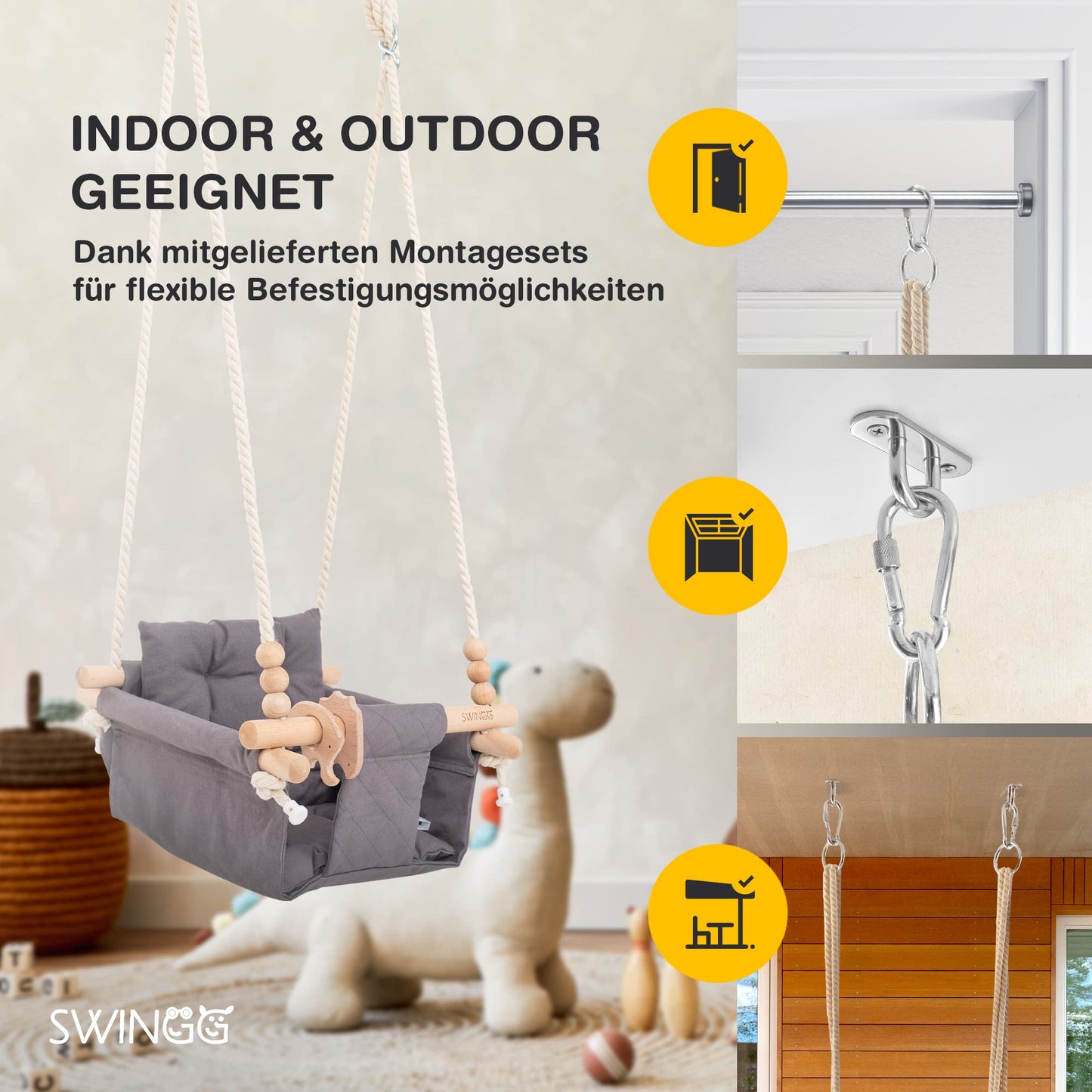 SWINGG® Baby Swing Indoor Outdoor - Comfortable baby swing with safety belt | sturdy mounting set & anti-slip seat cushion | Door frame swing made of wood & cotton, certified for EU.