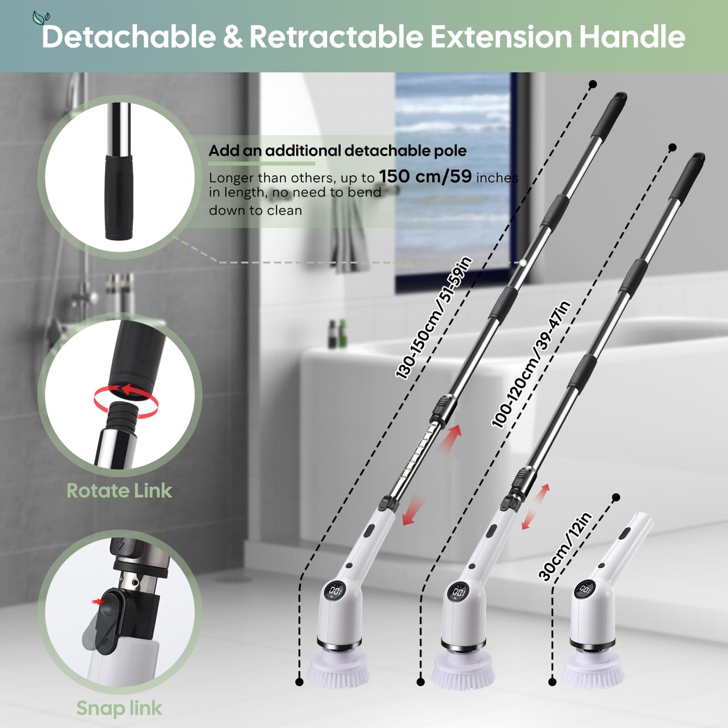 Electric cleaning brush, 9 IN 1 Spin Scrubber Cordless with 8 drill brushes heads, Acemall 152cm Adjustable Handle, 3 speeds for bathroom, bathtub, kitchen, floor, grooves.