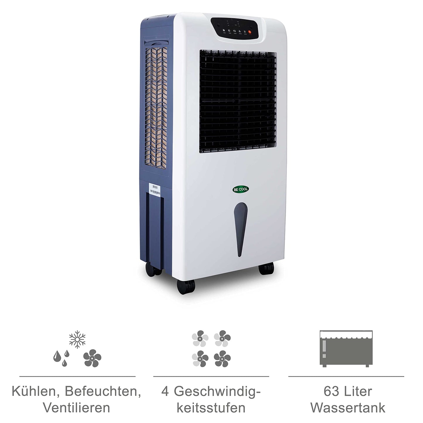 BE COOL air cooler with water cooling, 3-in-1 evaporative cooler, humidifier, fan, oscillation function, air purifier with ionizer, 4 speeds, 63 liter water tank, timer, white/gray.