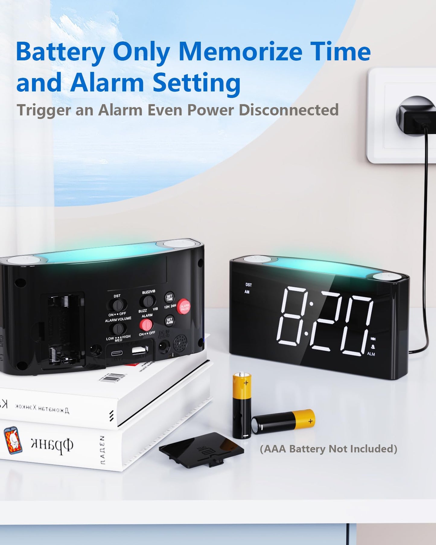 Alarm clock with vibration for deep sleepers & hearing impaired, Type C charger, 12/24 H, loud alarm with 7 ear-piercing levels, large LED display, dimmer, snooze, battery backup, digital alarm clock for bedroom.