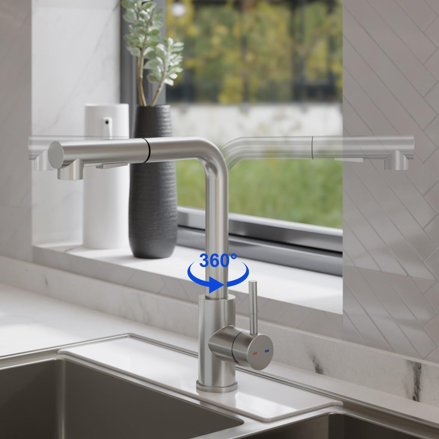Pull-down kitchen faucet, YUANNY high-pressure kitchen faucet with pull-out spray, single lever mixer tap for kitchen with 2 spray modes, kitchen sink faucet 360° swivel, stainless steel kitchen tap 304.