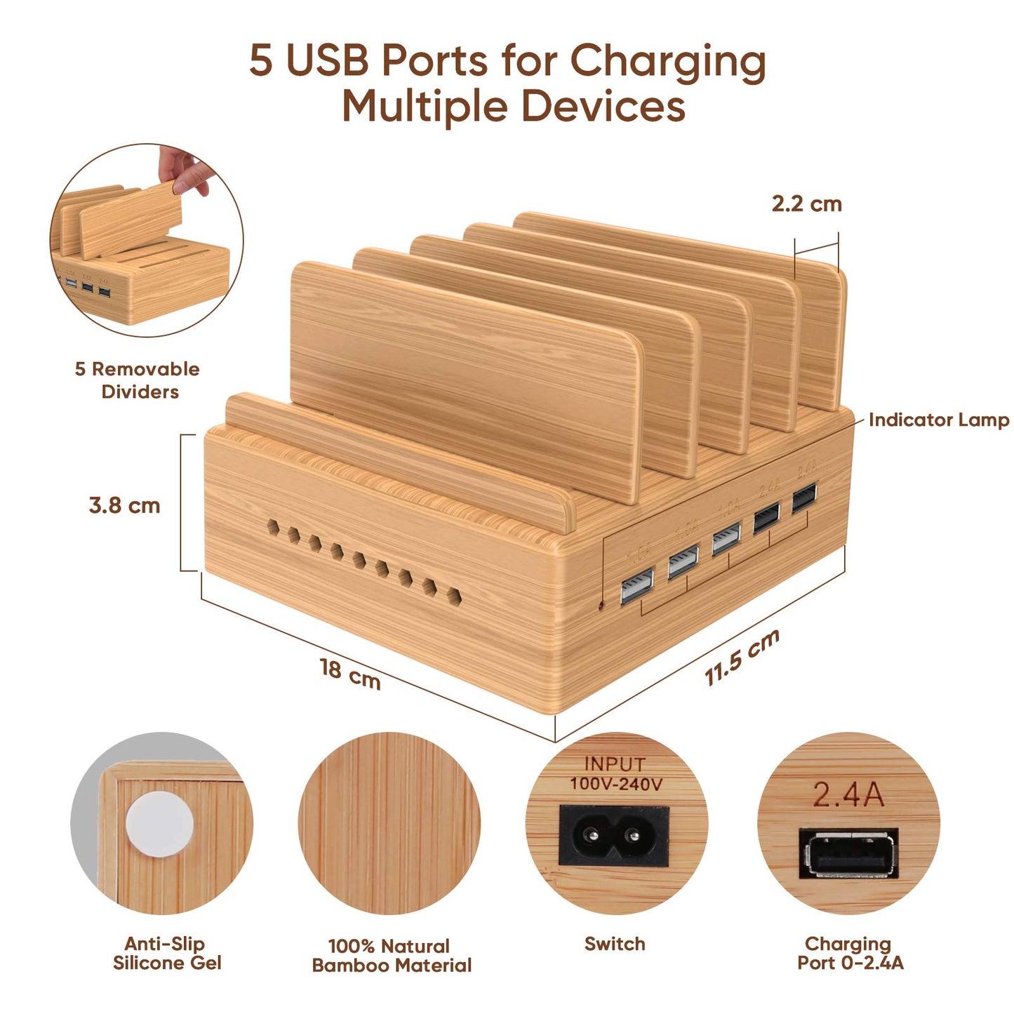 Alltripal charging station Multiple bamboo devices with 5 USB ports charger Multiple mobile phone charging station USB Multiple