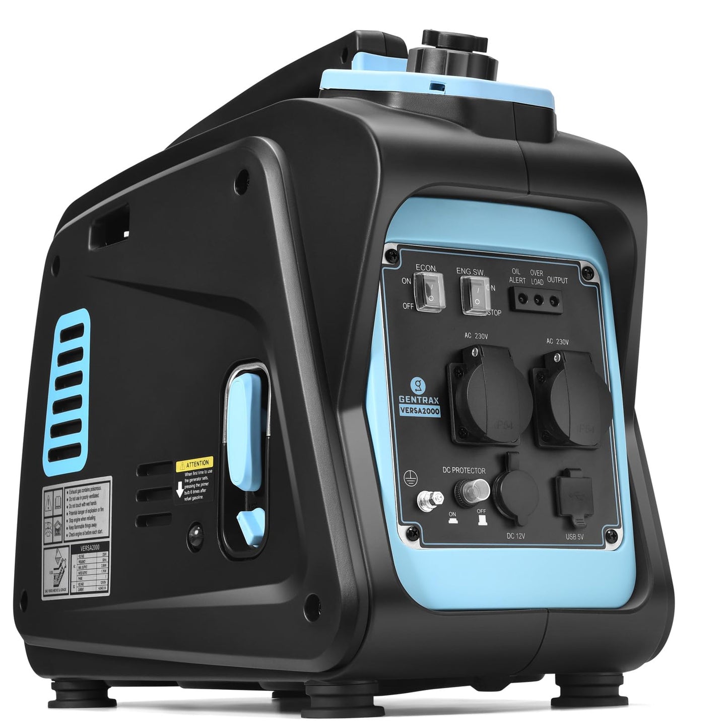 GENTRAX Inverter Generator 2000W 1700W MAX, gasoline powered, silent with pure sine wave, super quiet petrol generator with USB 230V sockets for camping, outdoor, construction site, RV