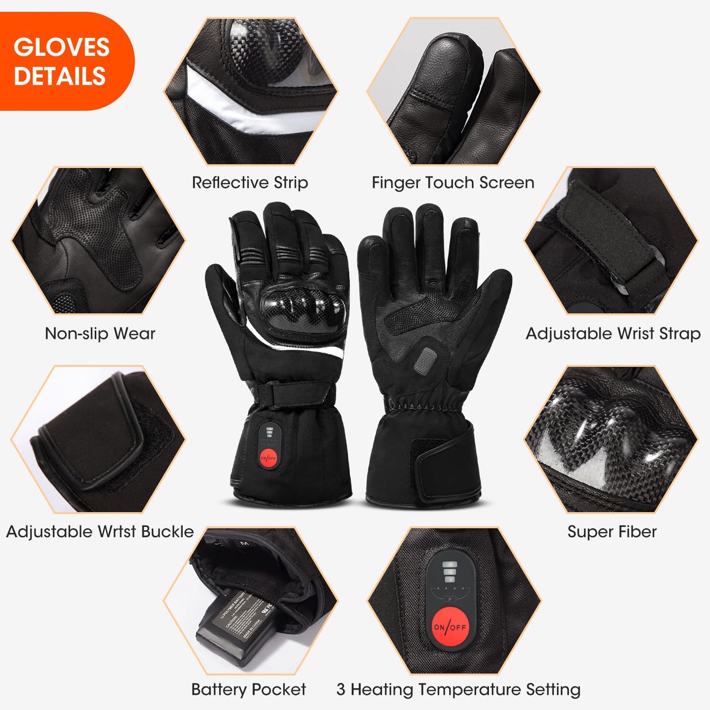 Heated gloves Rechargeable motorcycle gloves Waterproof cycling gloves Men Women Winter gloves for skiing, hunting, fishing, Raynaud's disease, arthritis M Black