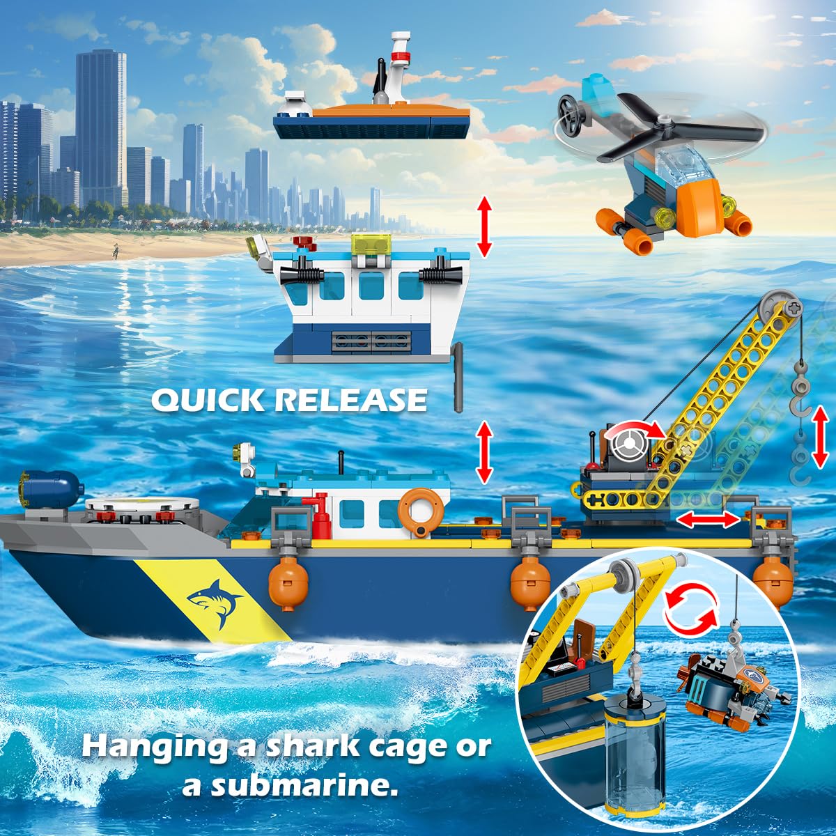 HOGOKIDS City Floating Boat Building Kit with LED Lights - Fun Arctic Explorer Ship Building Brick Ocean Exploration with Helicopter Submarine Birthday Gift for 6+ Year Old Boys Girls Kids