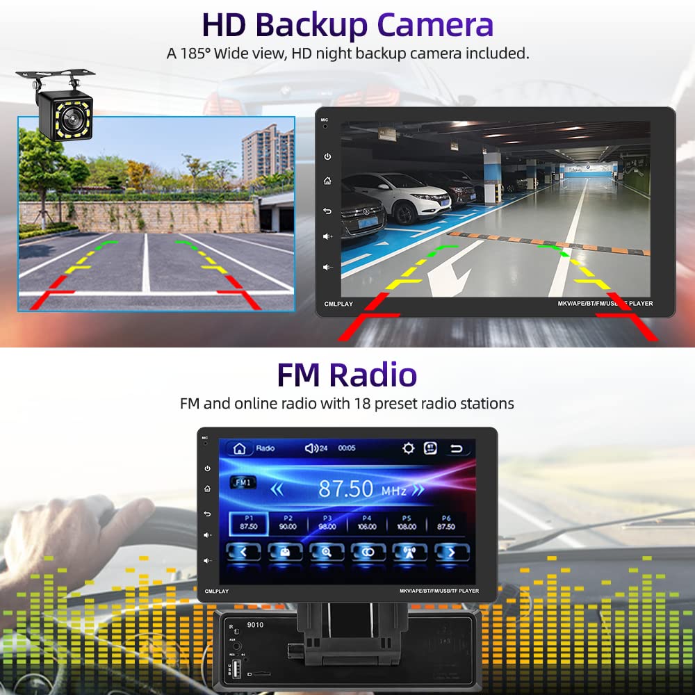 Podofo 1Din car stereo with Carplay & Android Auto, 9-inch Bluetooth single Din Android radio with iPhone Android Mirror Link/SWC/FM radio/AUX/colorful light + rear view camera