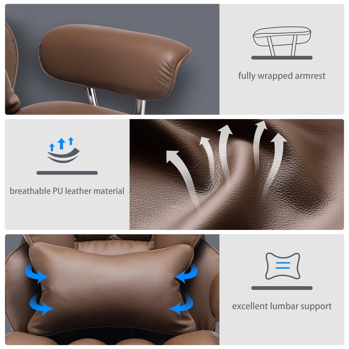 Efomao office chair ergonomic, PU leather executive chair, office chair 200 kg with footrest and lumbar support, Adjustable high-back chair, Brown.