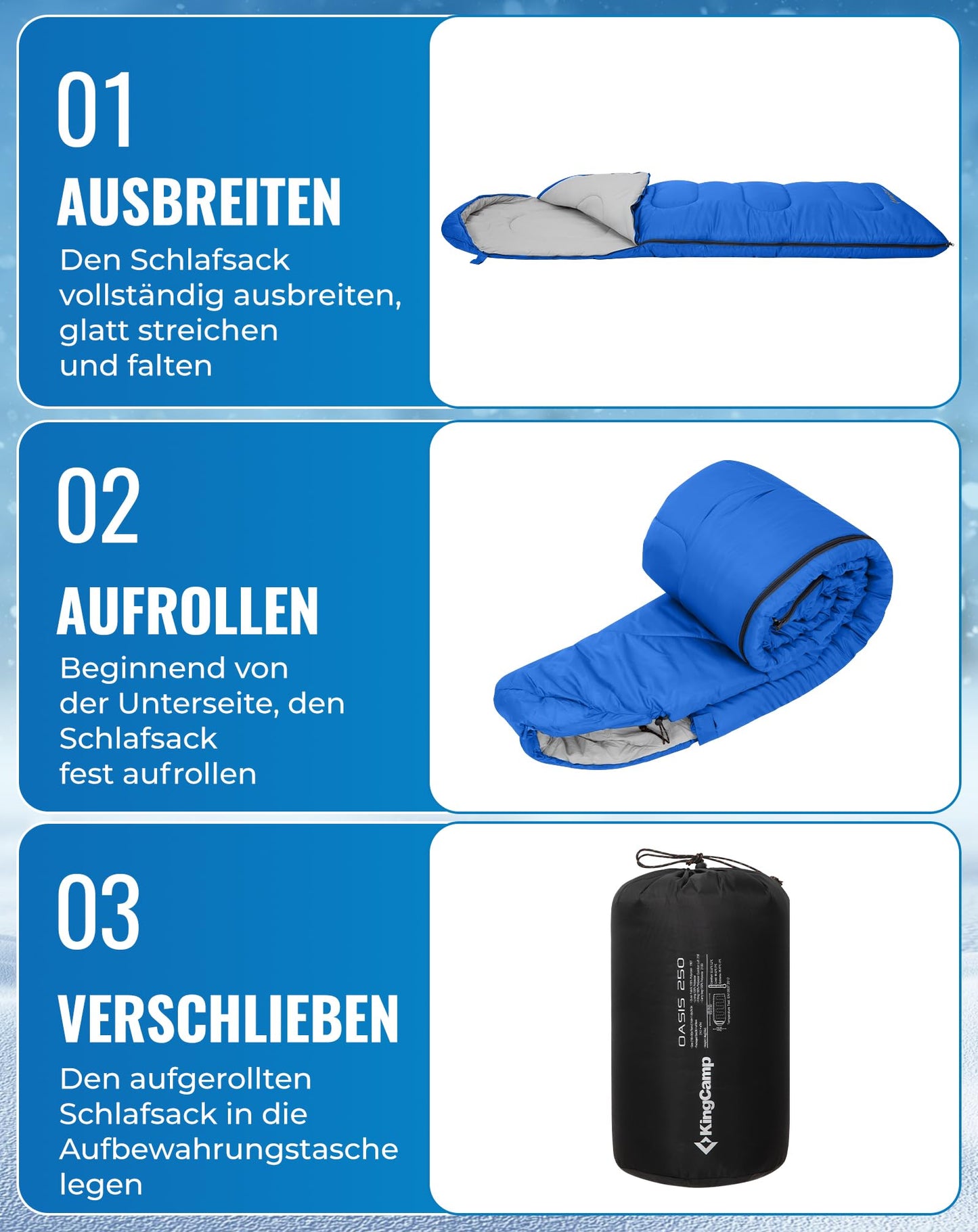 KingCamp Oasis sleeping bags with headrest for adults. Lightweight, 3 seasons, Blue, 220 × 75 cm.