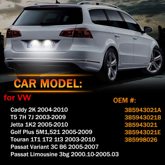 LED license plate lamp for VW Caddy 2K Golf Plus 5M1 Jetta 1K2 Passat Sedan 3bg Passat Variant 3C B6 T5 7H 7J Touran 1T1 1T2 1T3, CANBus license plate lighting, 2 pieces.