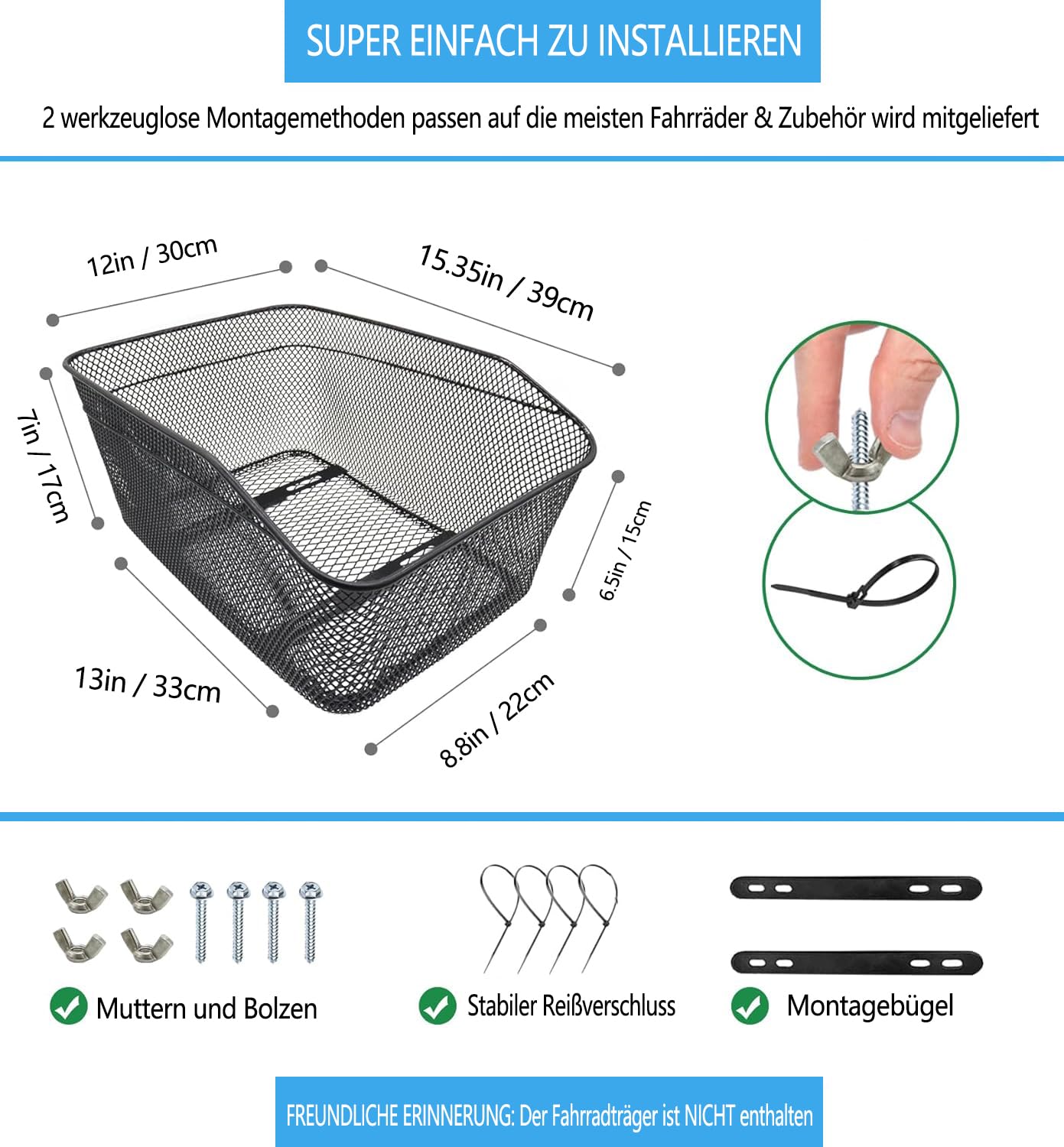 BINOTHINK Rear Bike Basket, Metal Large Bicycle Basket Stable Rear, Bike Rear Rack Basket with Mounting Accessories for Small Dog Shopping Picnic Backpack (S2)