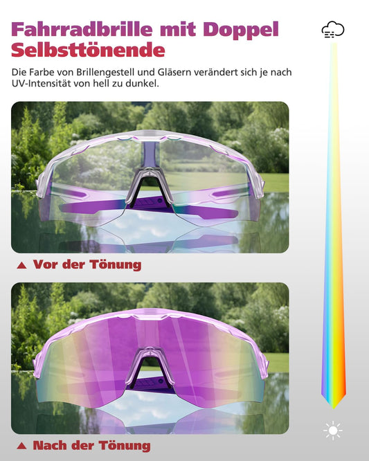 Winyoher Self-Tinting Bike Glasses for Women, Photochromic Frame, Fast Sports Sunglasses for Men, UV400 Running Glasses for Beach Volleyball, Cycling - Purple