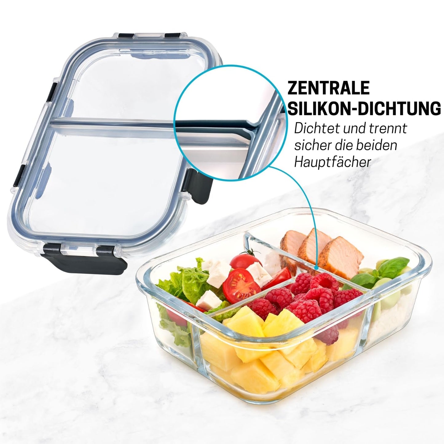 Igluu Meal Prep Glass Food Storage Containers with BPA-free lid (3-pack) - microwave, oven, freezer, dishwasher safe, leak-proof - 980 ml - 3 compartments - durable borosilicate glass.