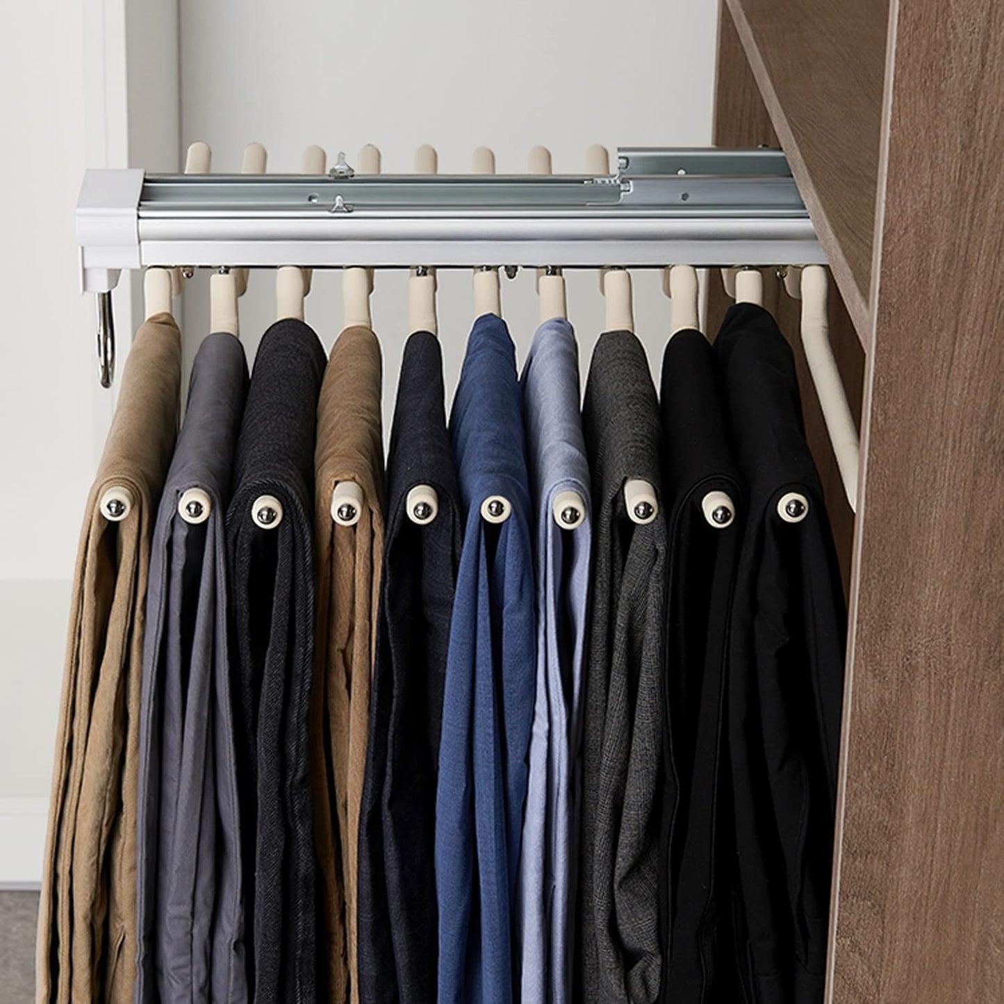 Pants hanger, extendable wardrobe pants pull-out, pants holder for closet, pants hanging, space-saving, beige.
