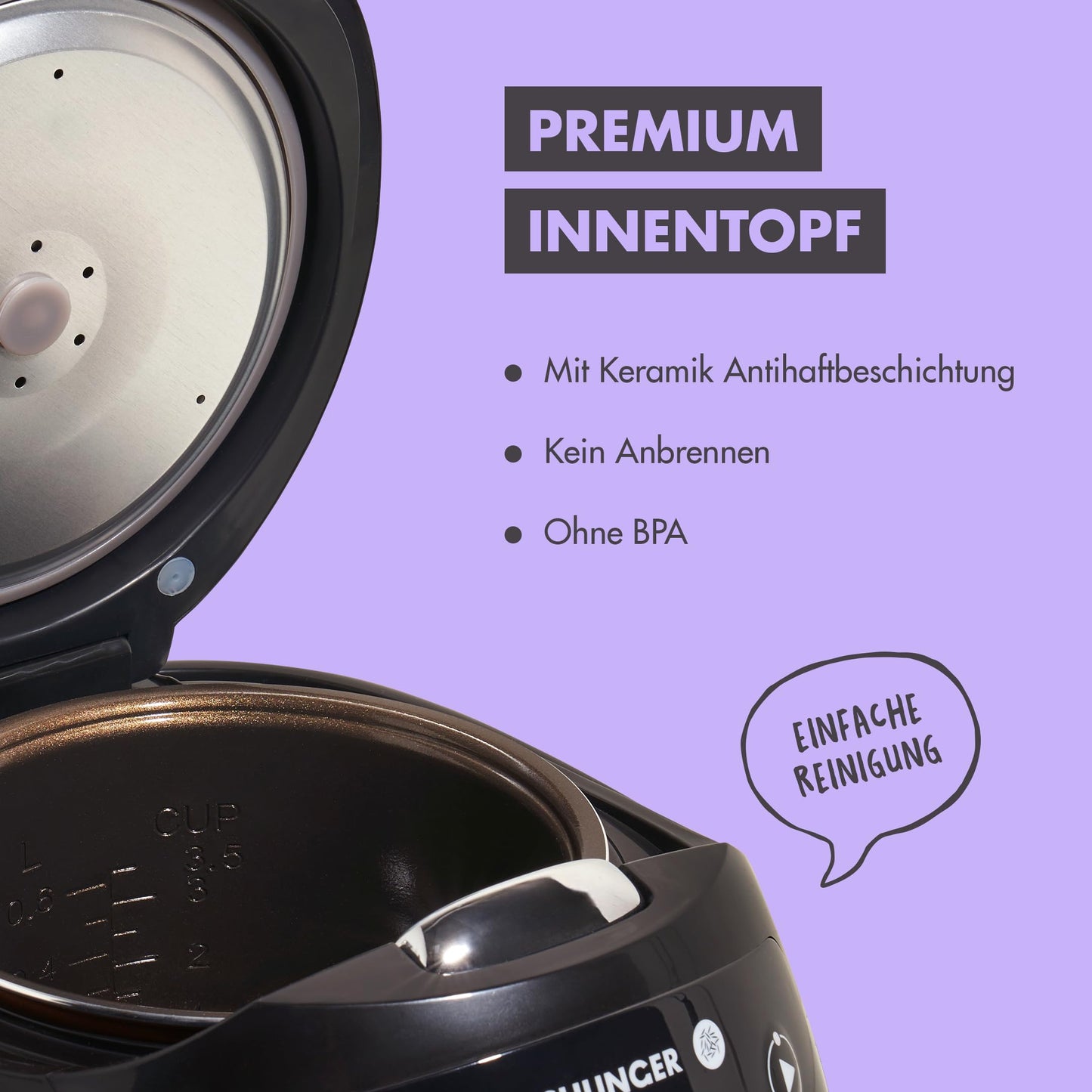 REISHUNGER Digital Rice Cooker small, black | 0.6 L for 3 people | Keep warm function, timer & premium pot | Small multi-cooker & steamer, 8 programs, 7-phase technology