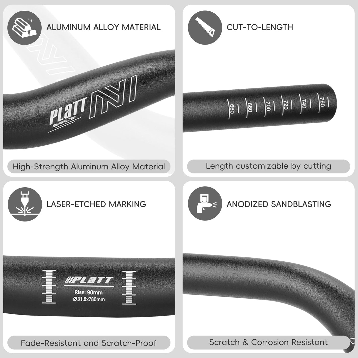 FLAT bicycle handlebar 25.4/31.8 * 620/780, mountain bike riser handlebar made of lightweight aluminum alloy, ideal for MTB (31.8mm-780mm, 120mm Rise)