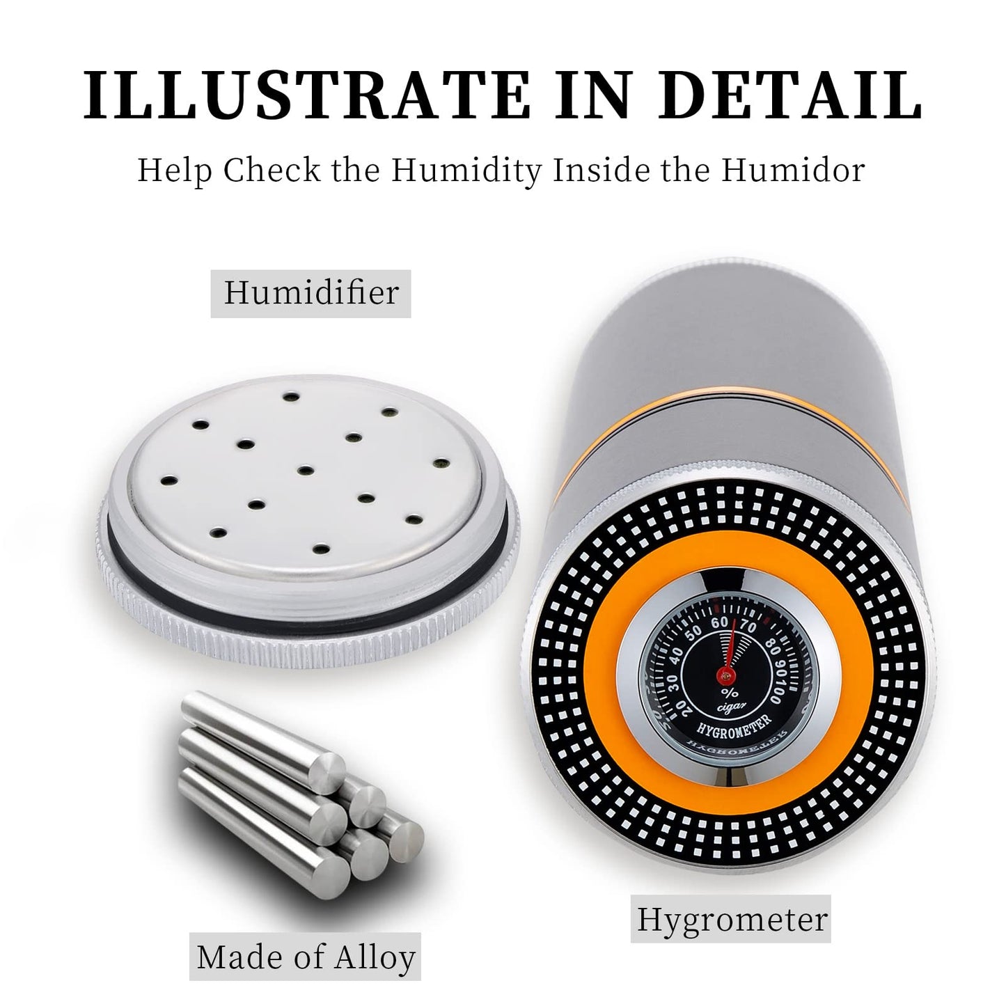 CIGARLOONG Cigar Cooler, portable, travel cigar, sealed, stainless steel, with humidifier (Color: Yellow)