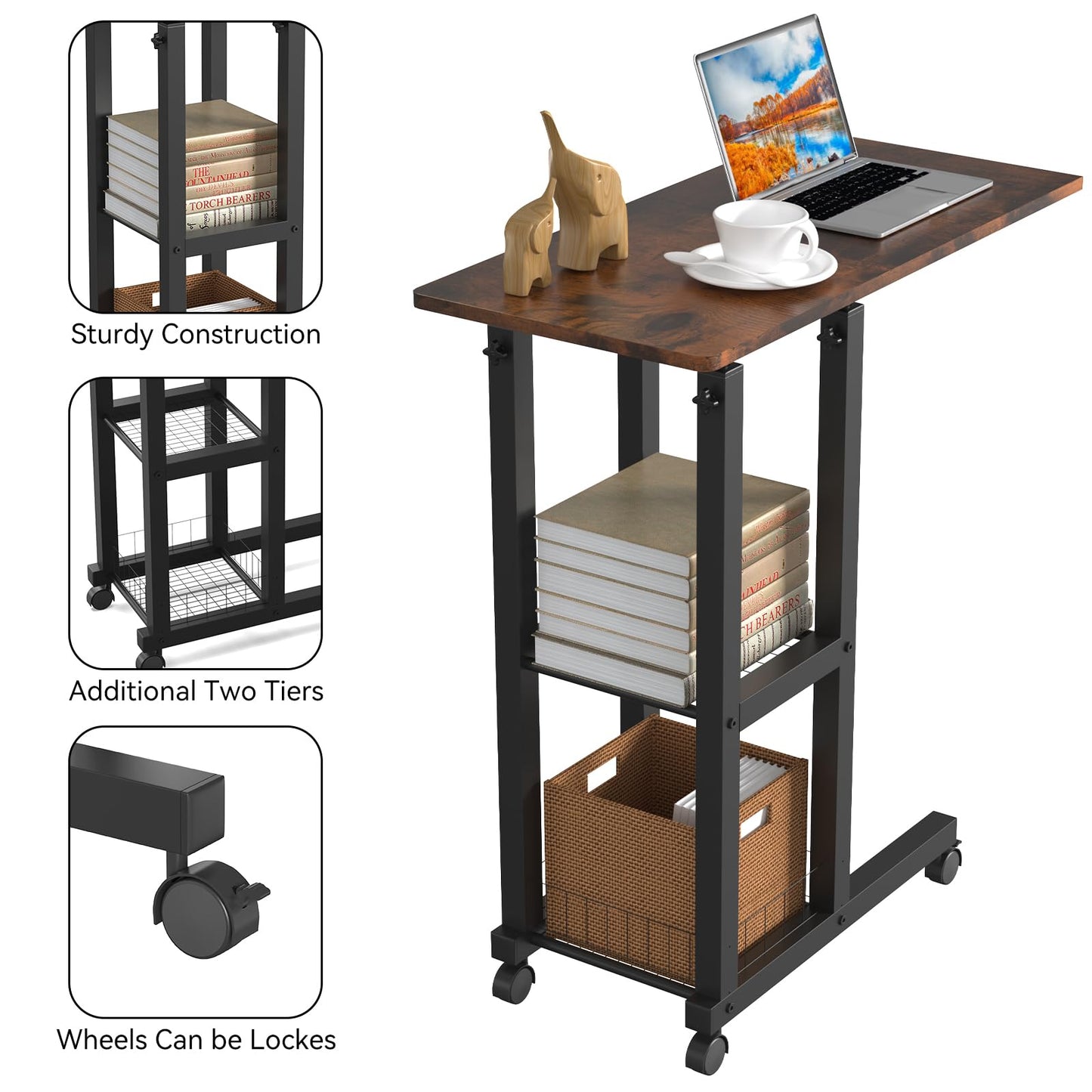 PIPIPOXER Side Table with Wheels, 60x30 cm Coffee Table with Wheels, Adjustable Height 69-90 cm Laptop Desk, Laptop Table with 360-degree Rotating Wheels for Living Room, Wood.