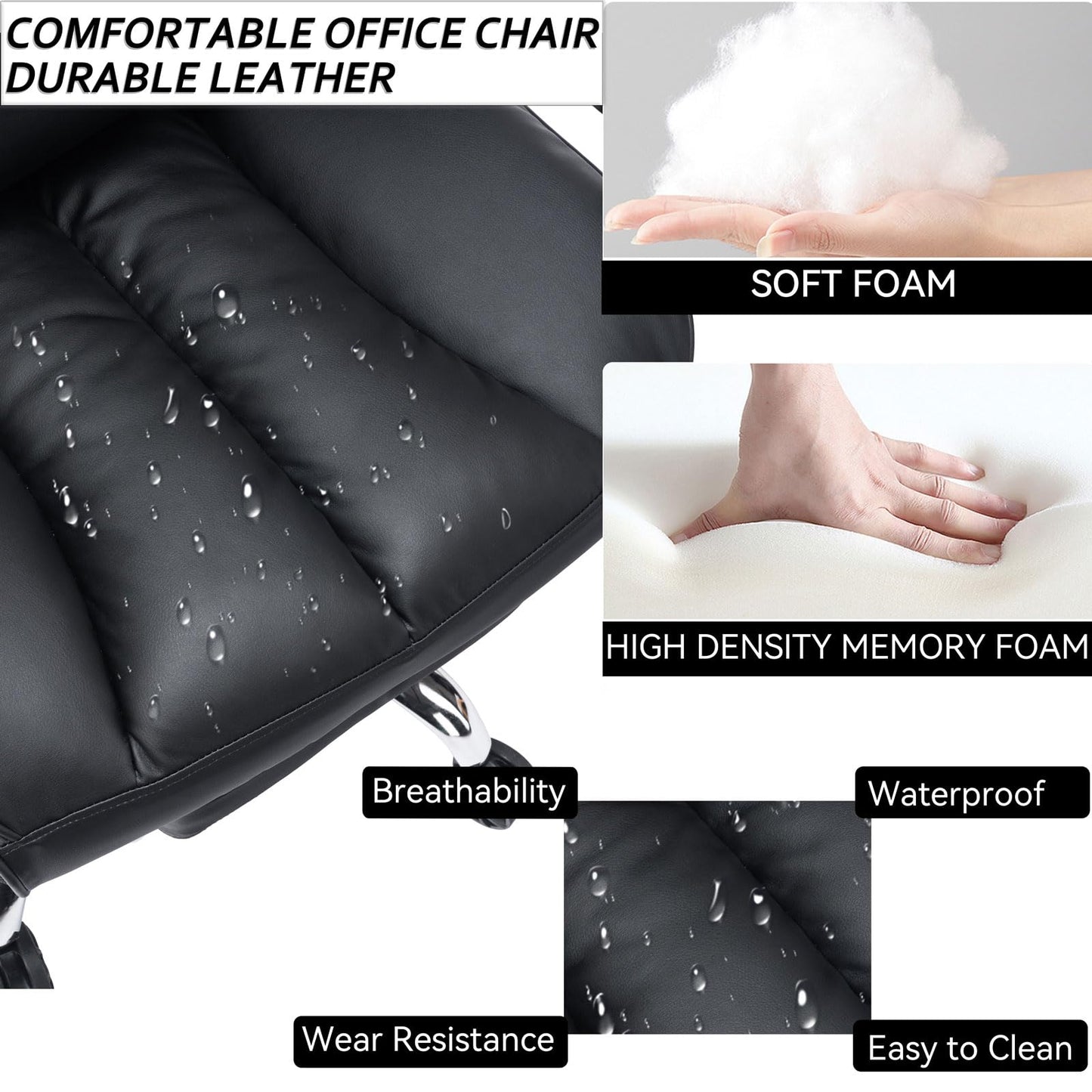 Efomao ergonomic office chair, PU leather executive chair, office chair 200 kg with footrest and lumbar support, Adjustable high back chair, Black