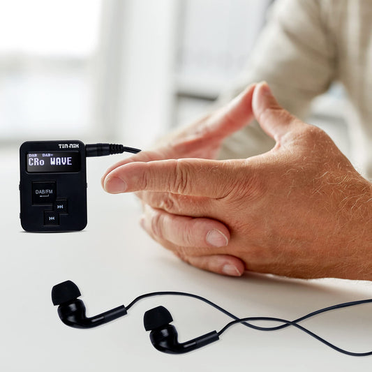 Tin-Nik DAB-379 Portable Digital DAB+/DAB/FM Mini Radio - Pocket DAB for sports, walking, running, or cycling, rechargeable battery, stereo headphones included.