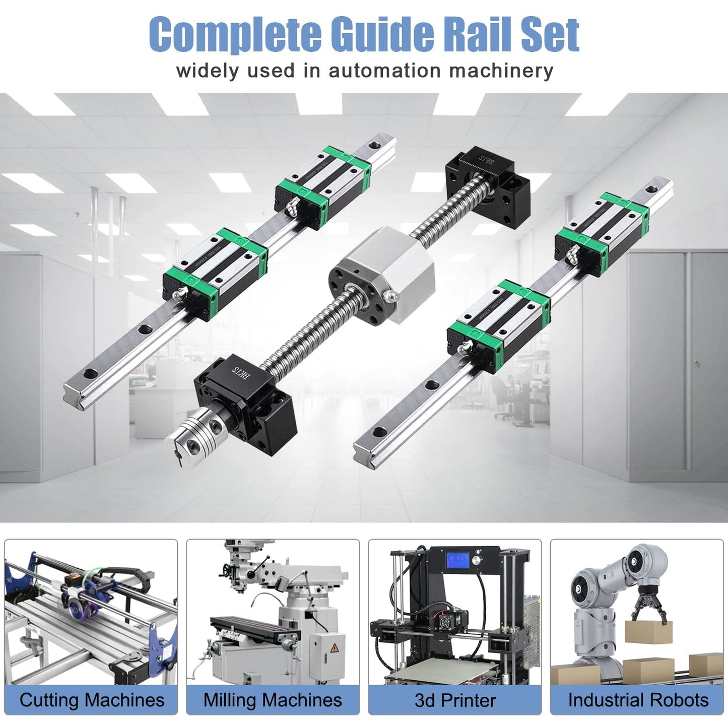 CNCMANS Linear Guide Set includes 2PCS HGR20 800mm linear rail with 4PCS sliding blocks + 1PCS SFU1605 800mm ball screw with ball nut, BF/BK12 end support, coupling, nut housing.