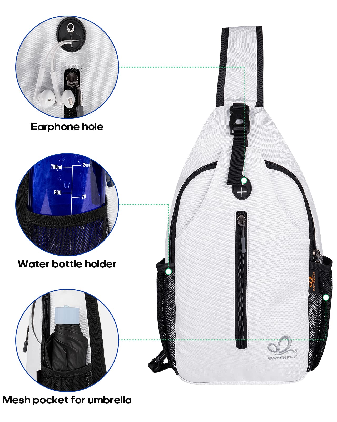 WATERFLY Sling Backpack Shoulder Bag Crossbody Bag Adjustable Strap Hiking Chest Pack for Men and Women