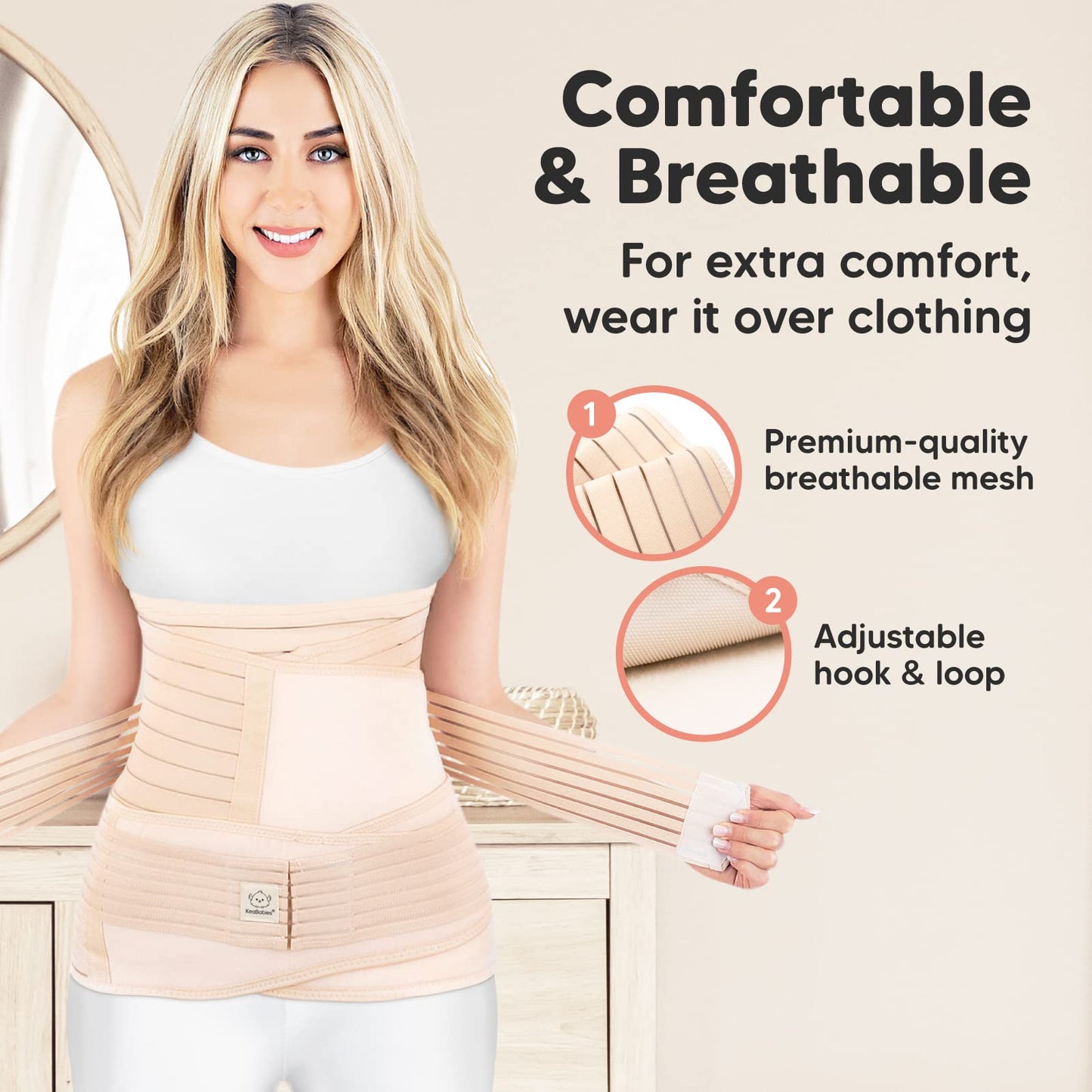 KeaBabies Revive 3 in 1 Postpartum Belt for Women - Belly Belt after Birth C-Section, Postpartum Recovery Belt, Belly Band after Birth, Pregnancy Belly Belt (Classic Ivory, XL)