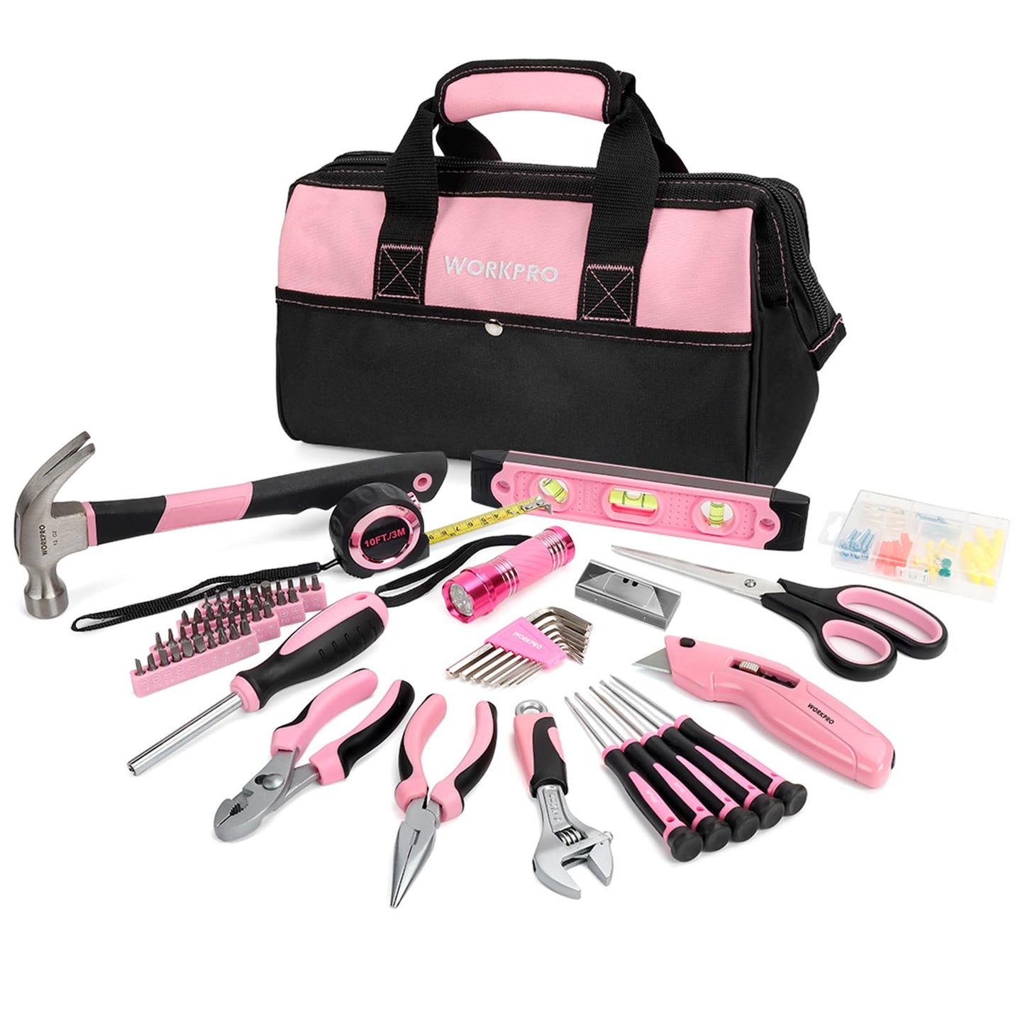 WORKPRO Pink Tool Set Pink Tool Box 106-piece Household Tool kit Repair including bag with wide opening 34cm Ideal Gift for DIYers