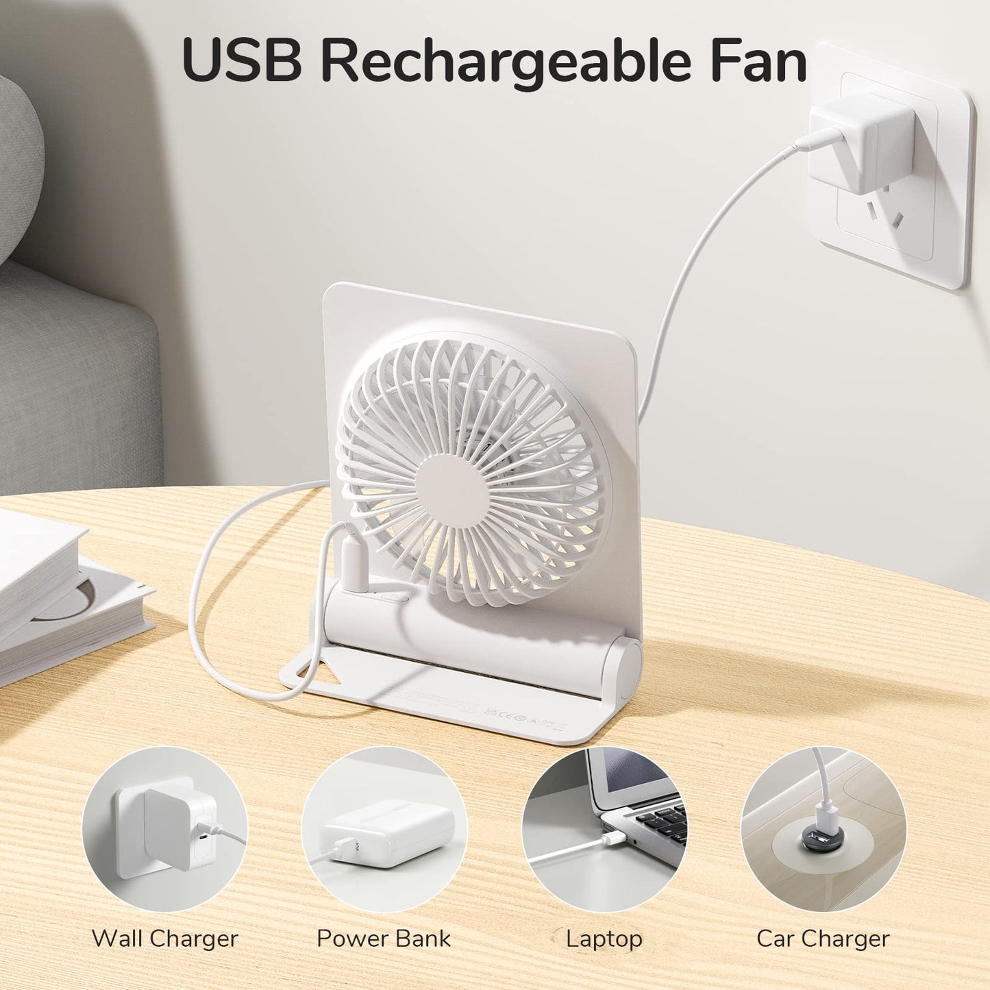 JISULIFE Small Desk Fan, Mini Portable Rechargeable USB Small Fan, 160° Foldable with 4500mAh, Extremely Quiet, 4 Speeds Desk Fan for Office, Home, Camping-White
