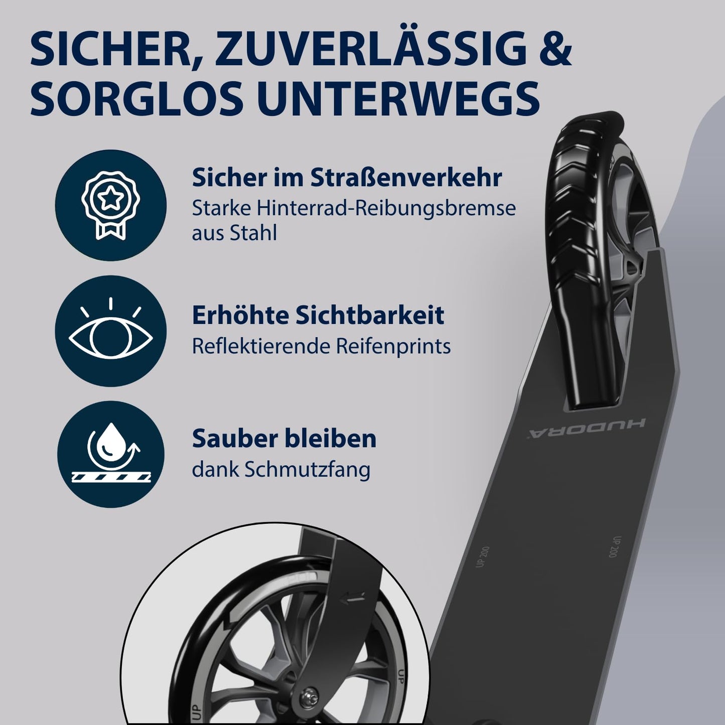 HUDORA Scooter Up 200 - Quiet aluminum scooter for up to 100kg - Height-adjustable & foldable kick scooter - Smooth ride for kids / teenagers & adults