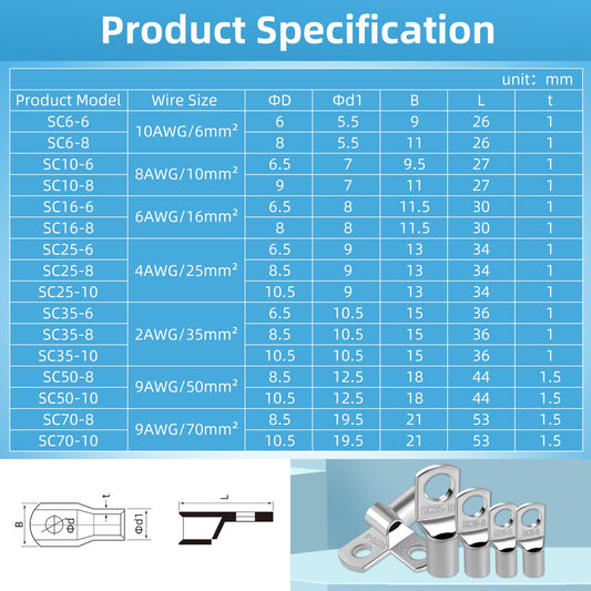 10 pieces Cable Lug 50mm² Tubular Cable Lug M10 Ring Cable Lug Thickened Copper Non-insulated SC Cable Lugs