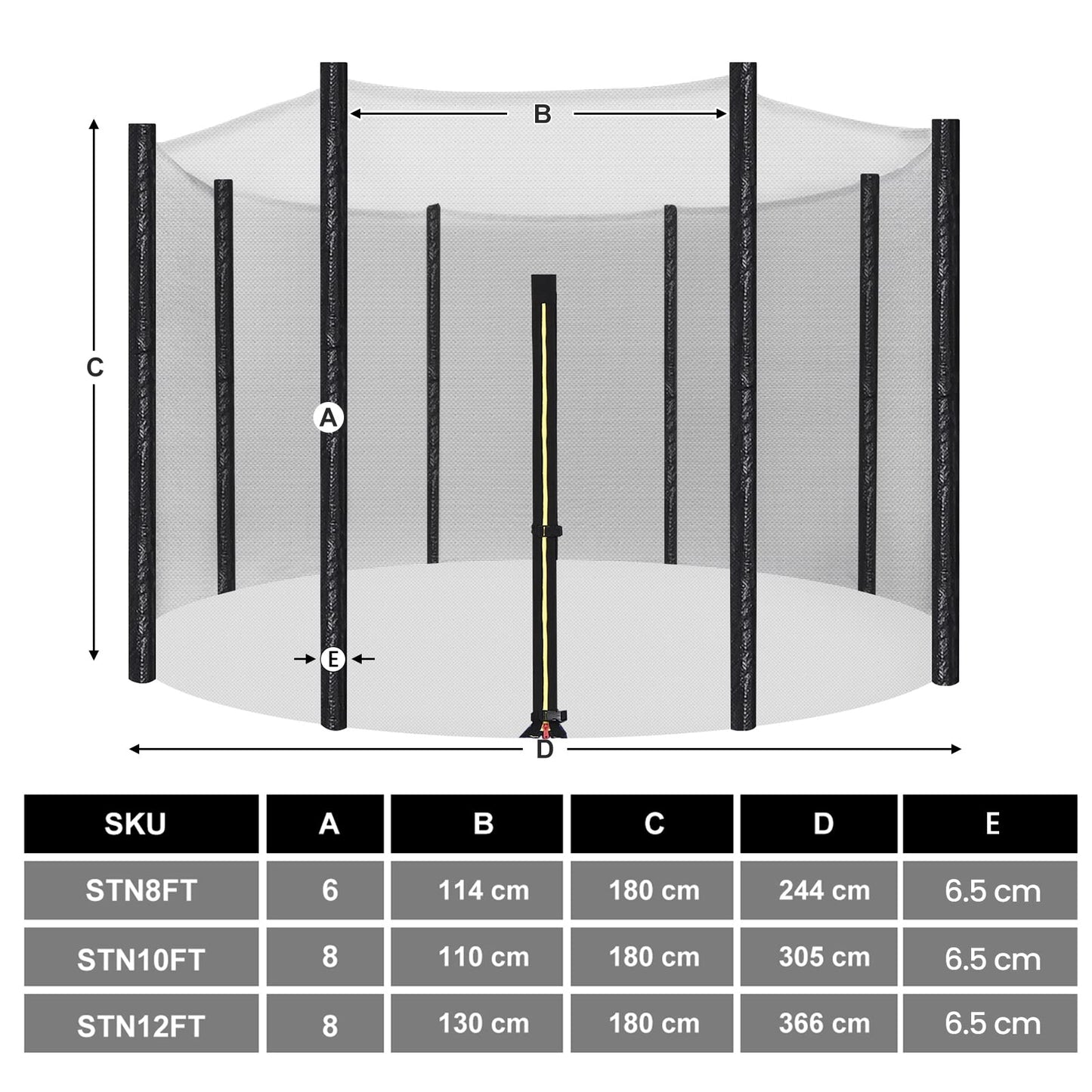 SONGMICS replacement net for round trampoline, Ø 366 cm, safety net for 8 straight posts, round net, black STN12FT