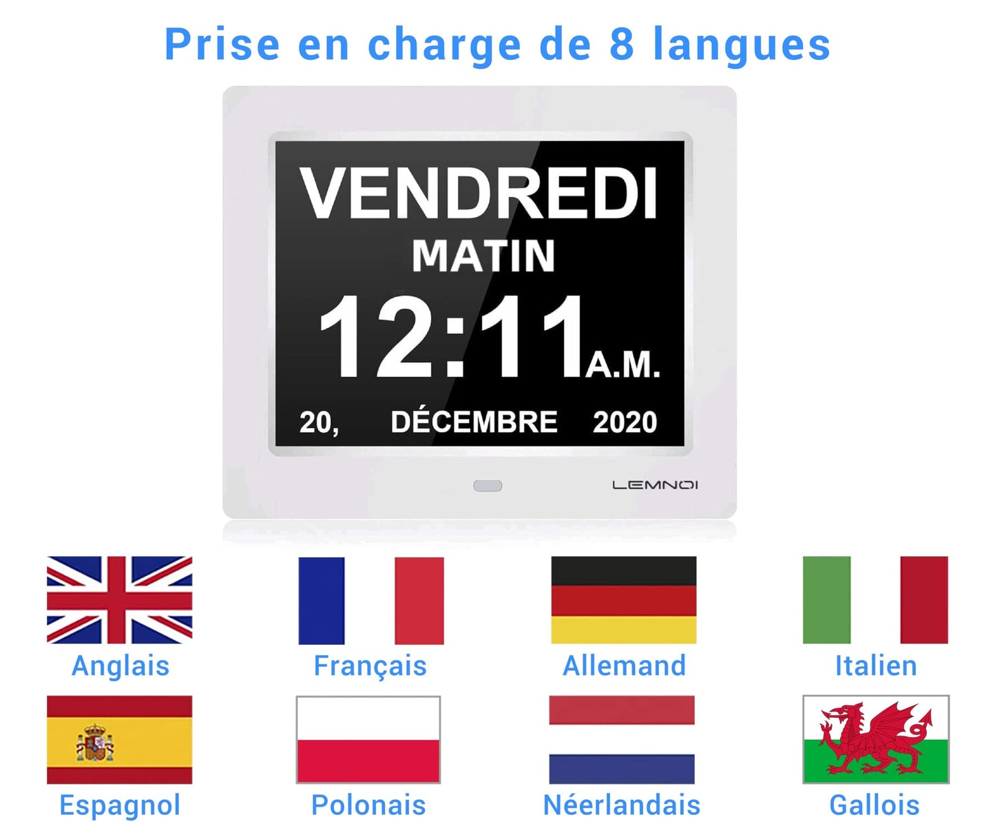 Lemnoi Senior Clock, Dementia Clock, Digital Calendar, Digital Alarm with Date and Day of the Week for individuals with Dementia (e.g. Alzheimer's), Seniors, Visually Impaired, Young Children - 7.5 inches
