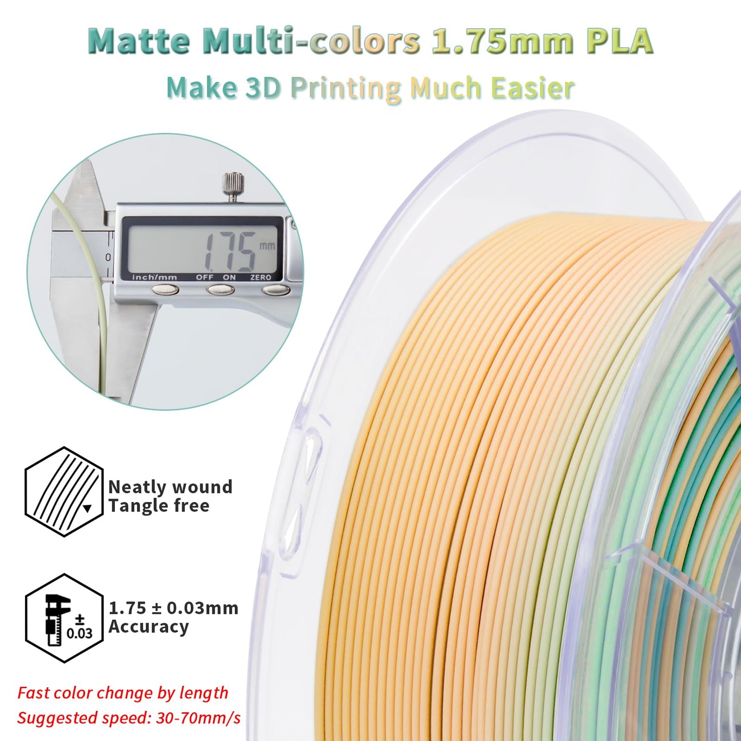 ZIRO Matt Multicolor PLA Filament 1.75mm, Fast Color Changing Matte 3D Printer Filament, 1kg Spool for Most FDM 3D Printers, Dimensional Accuracy +/-0.03mm, Cool Dawn.