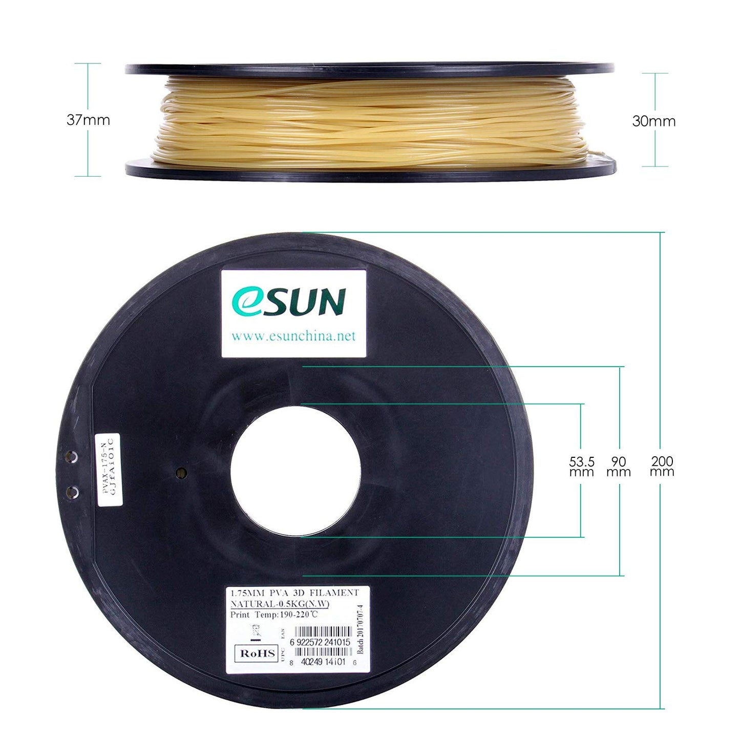 eSUN water-soluble PVA filament 1.75mm, 3D printer PVA filament, dimensional accuracy +/- 0.05mm, 0.5kg spool (1.1 LBS) support material for 3D printers, natural color