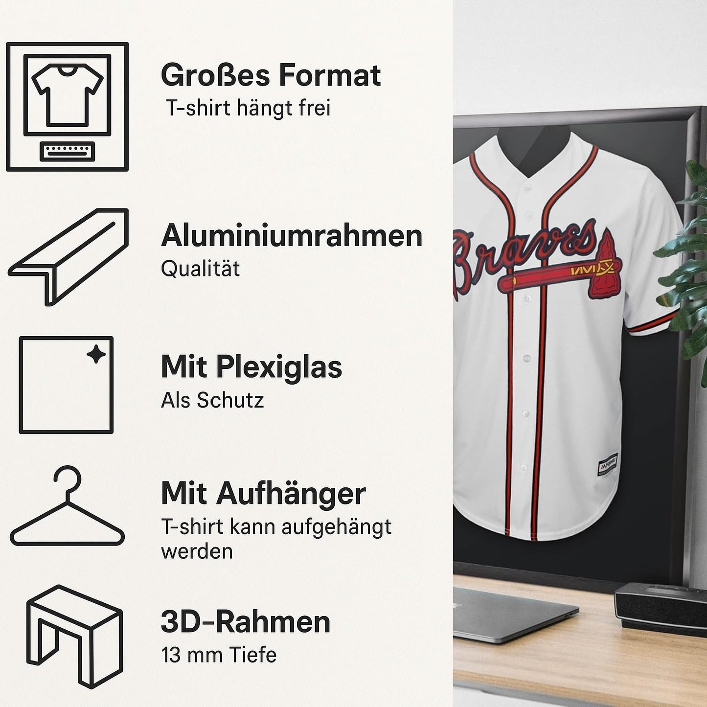 ACAZA jersey frame 60 x 80cm, 3D picture frame deep for filling with football, ice hockey, rugby, NBA jerseys, with hanger, aluminum and acrylic glass, black.