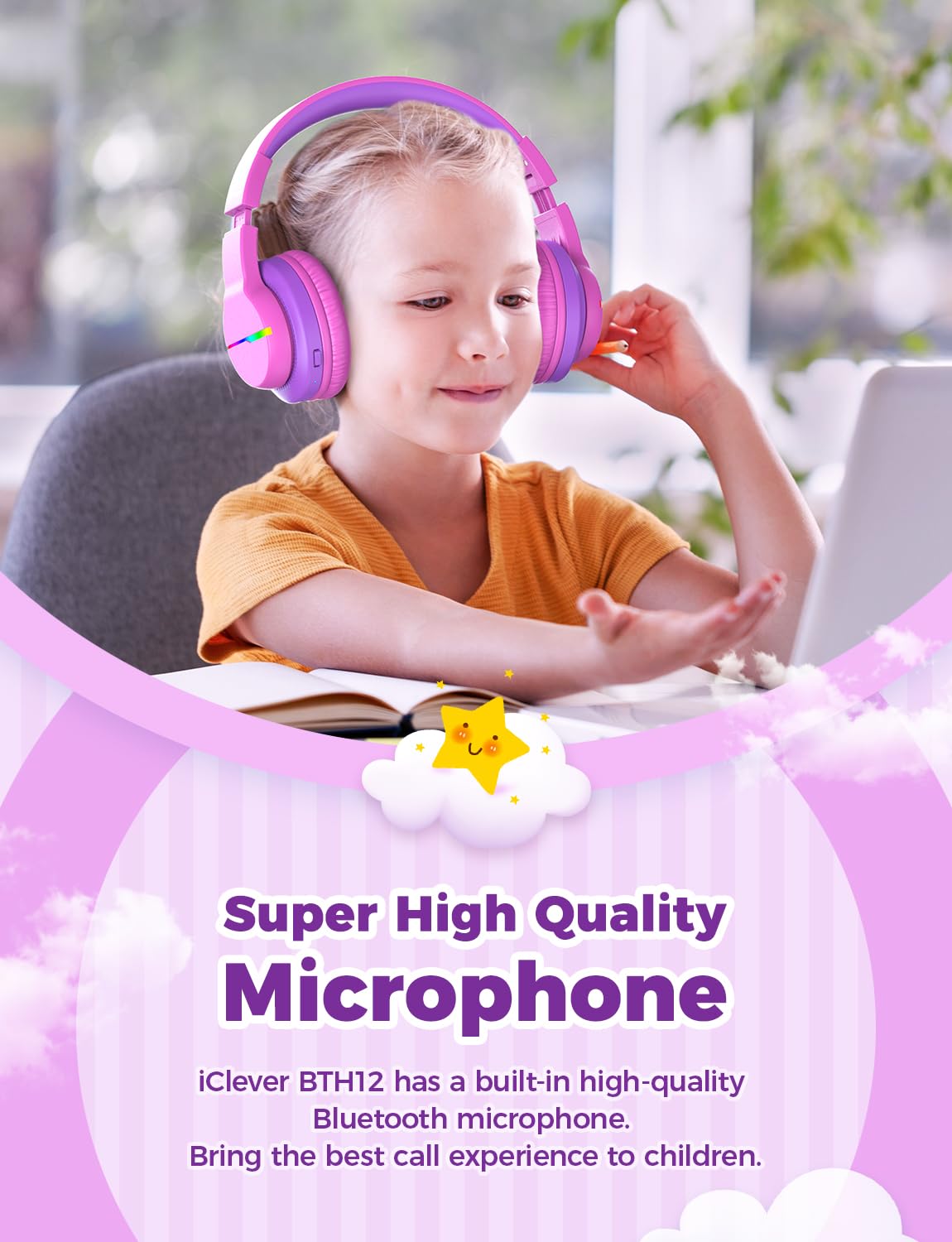 iClever Bluetooth Kids Headphones, Colorful LED Lights, Over-Ear Children's Headphones with 74/85dBA Volume Limit, 85 Hours of Playtime, Bluetooth 5.2, Built-in Microphone BTH12