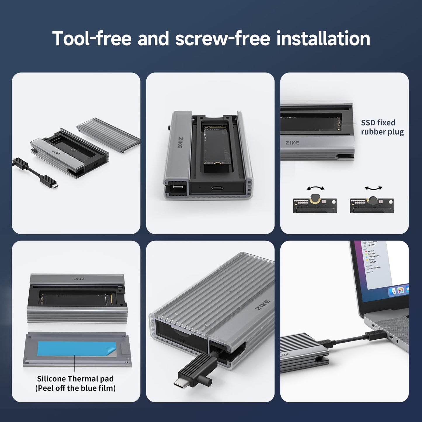 ZIKE 40Gbps M.2 NVMe SSD enclosure USB4.0 up to 3811MB/s aluminum casing Z666, compatible with Thunderbolt4 M.2 M-Key 2280, USB4 USB3.2 Gen2/Gen1 PCI-E Gen 4x4 tool-free installation.