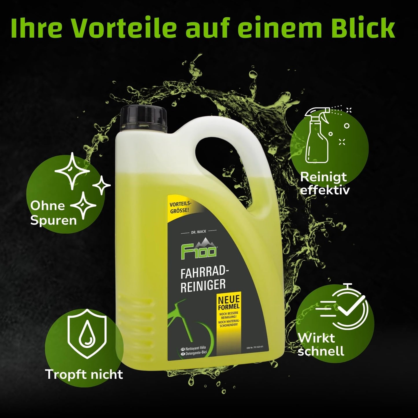 DR. WACK - F100 Bicycle Cleaner 2 Liter - Cleaning agent for the entire bicycle - Effective bicycle care product - Cleaning spray acid-free & gentle on materials - High-quality bicycle care.