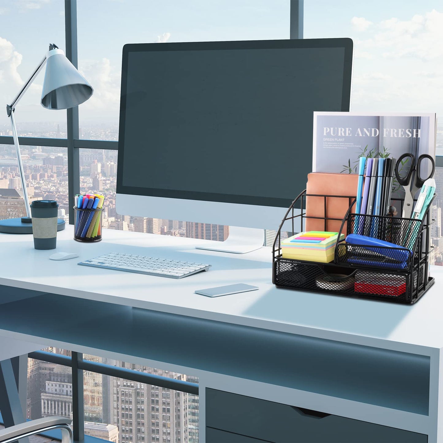 Casavibe updated desk organizer and accessories, multifunctional mesh desk organizer with 6 compartments + pen holder, 72 accessories, office supply organizer with drawer, for office.